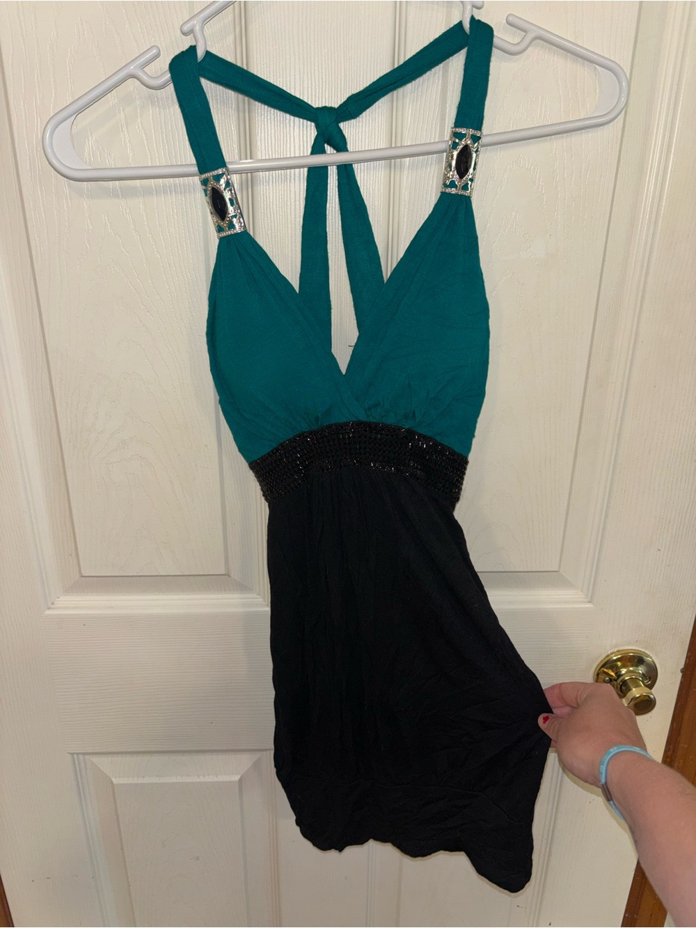 Turquoise and Black Sleeveless Tie-Back Top with Embellished Straps